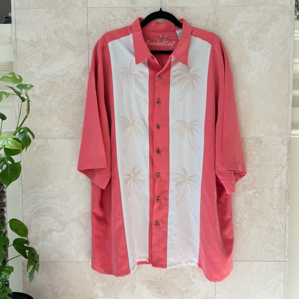 Bamboo Cay Coral White Paneled Palm Tree Embroidered Camp Shirt 3XL EUC